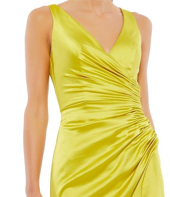 Mac Duggal Satin Surplice V-Neck Sleeveless Thigh High Slit Ruched Faux Wrap Midi Dress Product Image