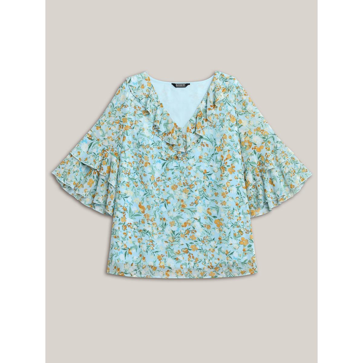 Plus Size LightBlue Floral Print Ruffled Layered Sleeve Blouse Women Romantic Short sleeve V-neck Elegant Blouses BloomChic 10/M Product Image
