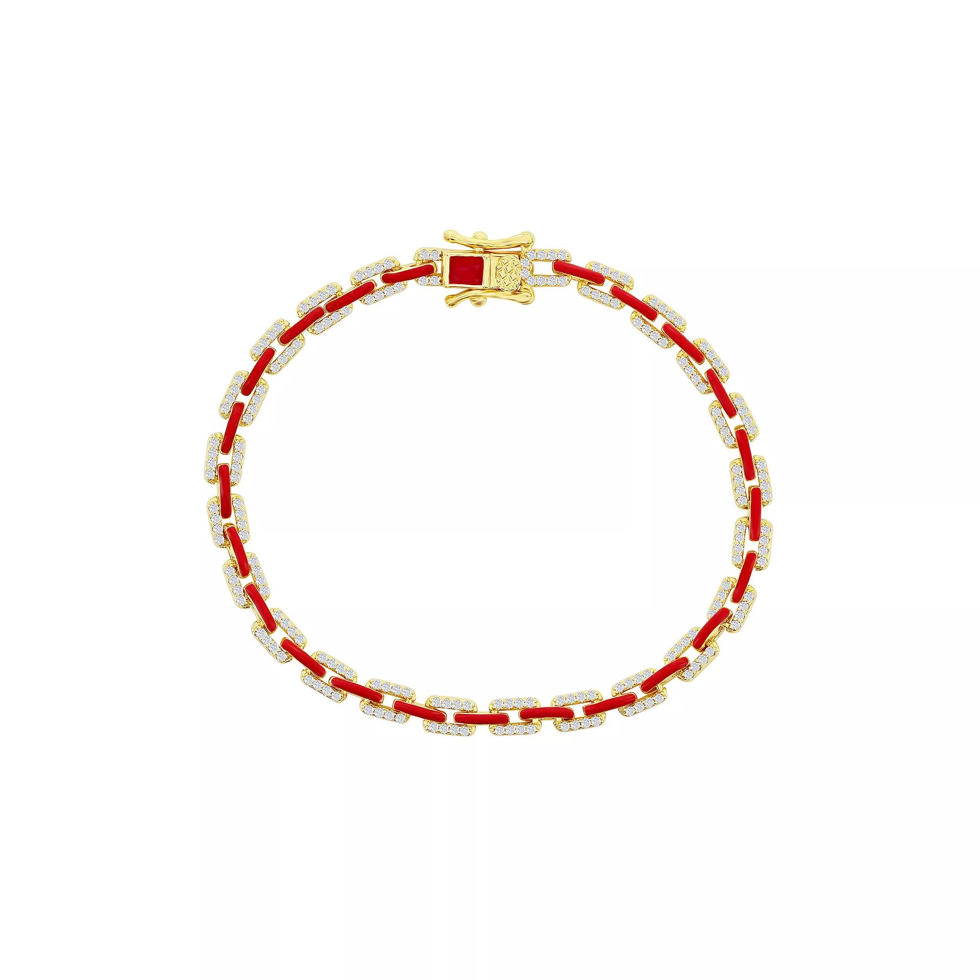 Argento Bella 14k Gold Over Silver Black Enamel & Cubic Zirconia Link Bracelet, Women's, Size: 7", Gold Tone Red Product Image