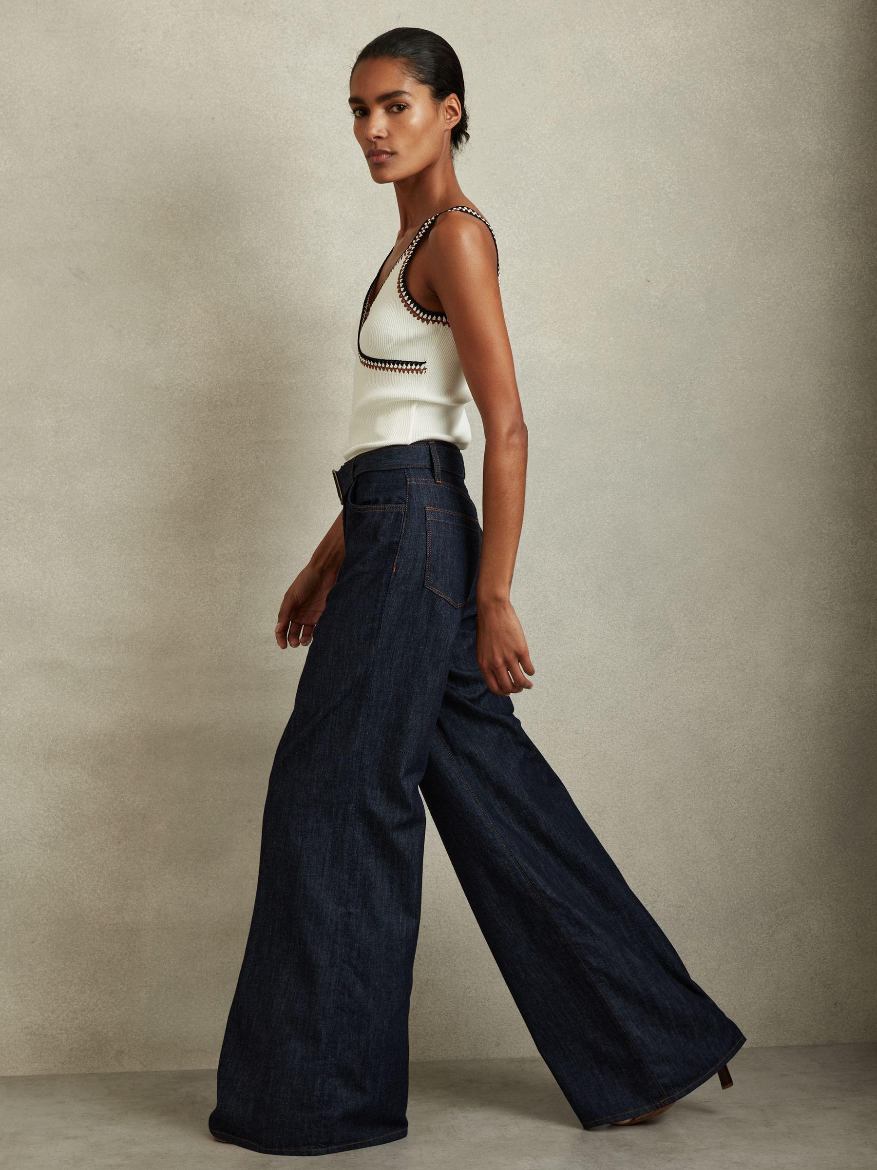 Belted Wide Leg Jeans in Dark Blue Product Image