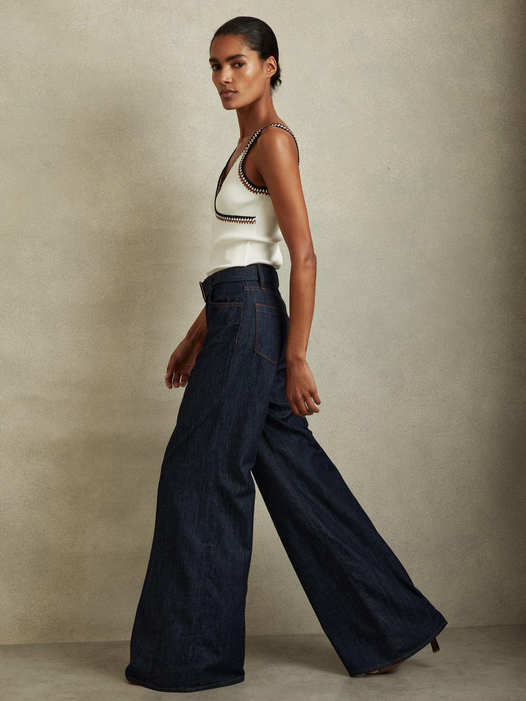 Belted Wide Leg Jeans in Dark Blue Product Image