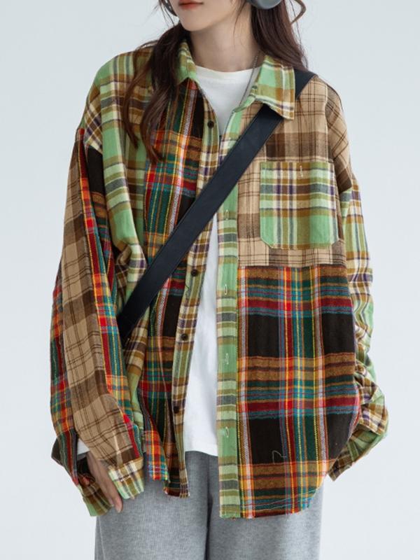 Irregular Plaid Splice Long Sleeve Blouse Product Image