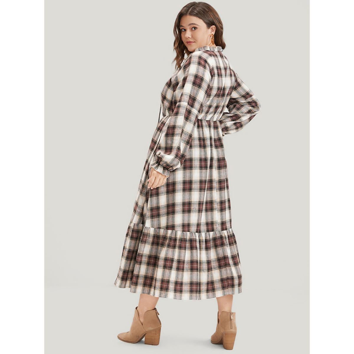 Plus Size Plaid Pocket Keyhole Tie Neck Ruffle Hem Dress LightGray Women Elegant Elastic Waist V-neck Long Sleeve Curvy Midi Dress BloomChic 28/5X Product Image