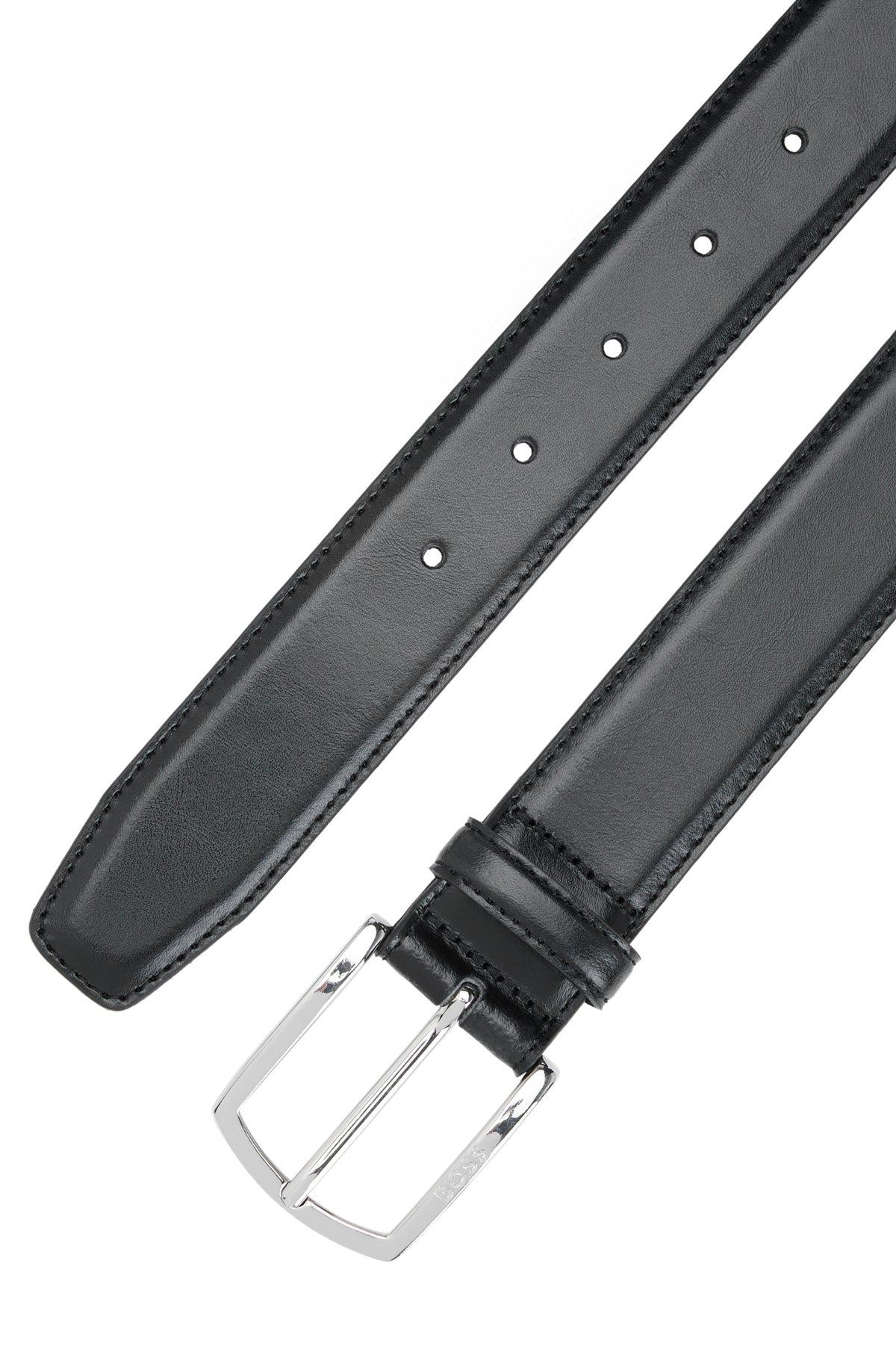 BOSS - Italian-leather belt with antique-effect brass buckle - Black Product Image