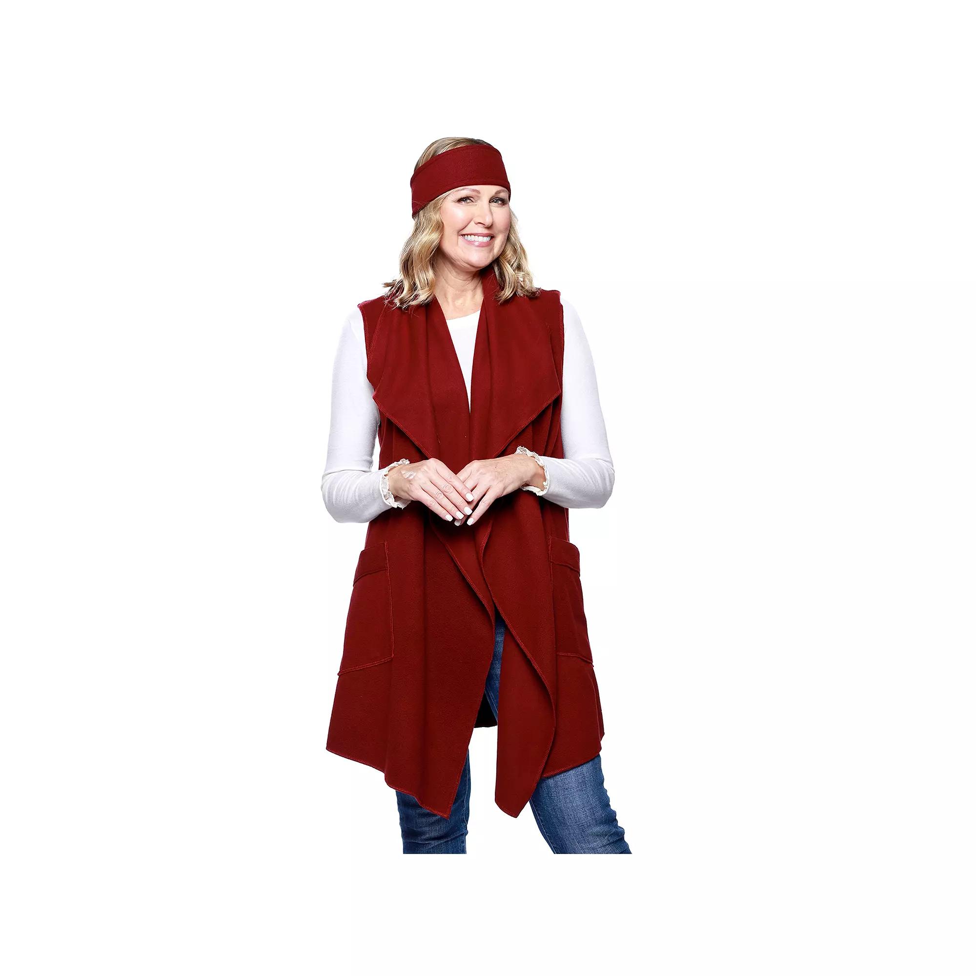 Women's Le Moda Solid Knit Fleece Vest with Matching Headband, Red Product Image