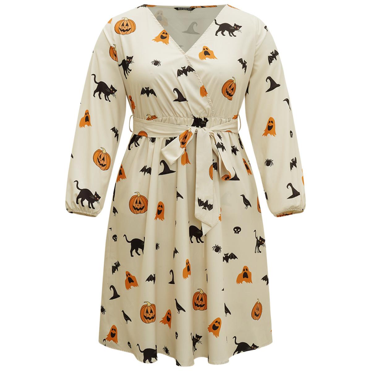 Plus Size Halloween Pumpkin & Bat Print Wrap Lantern Sleeve Dress Beige Women Office Elastic cuffs Overlap Collar Long Sleeve Curvy Midi Dress BloomChic 18-20/2X Product Image