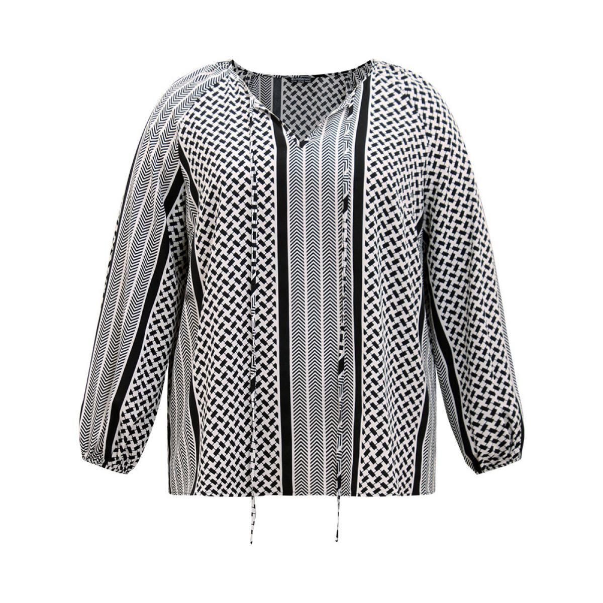 Plus Size Black Geo Striped Tie Lantern Sleeve Blouse Women Resort Long Sleeve Tie Neck Vacation Blouses BloomChic 12/L Product Image