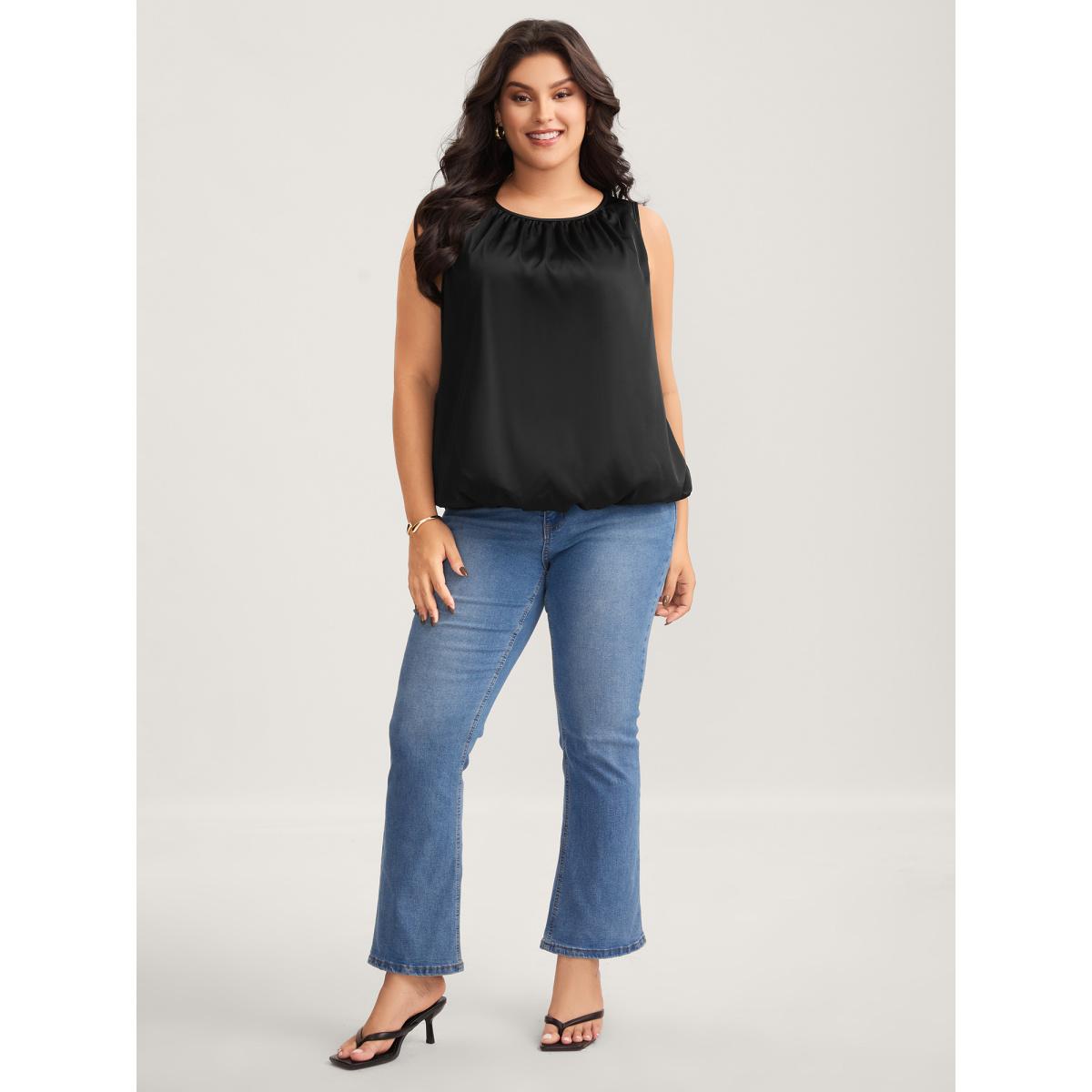 Plus Size Shimmery Pleated Relaxed Fit Top Women Black Gathered Boat Neck Elegant Tank Tops Camis BloomChic 22-24/3X Product Image