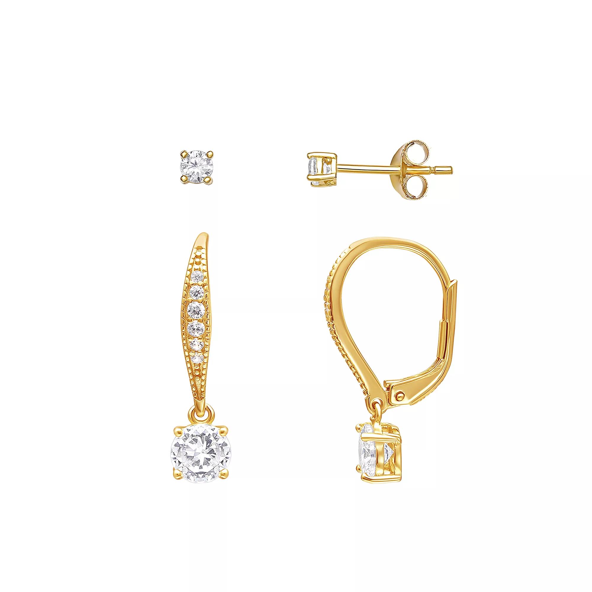 PRIMROSE Sterling Silver Cubic Zirconia Stud & Drop Earring Duo Set, Women's, Gold Tone Clear Product Image