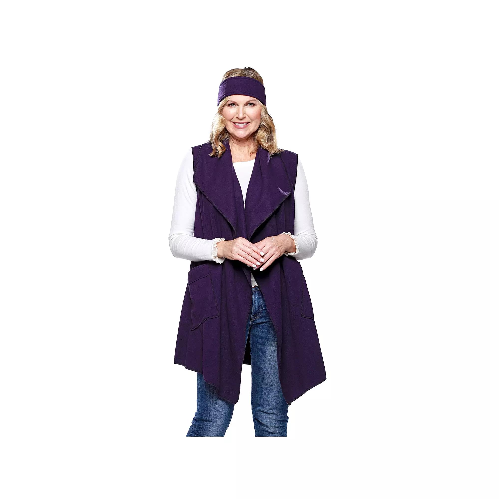 Women's Le Moda Solid Knit Fleece Vest with Matching Headband, Purple Product Image
