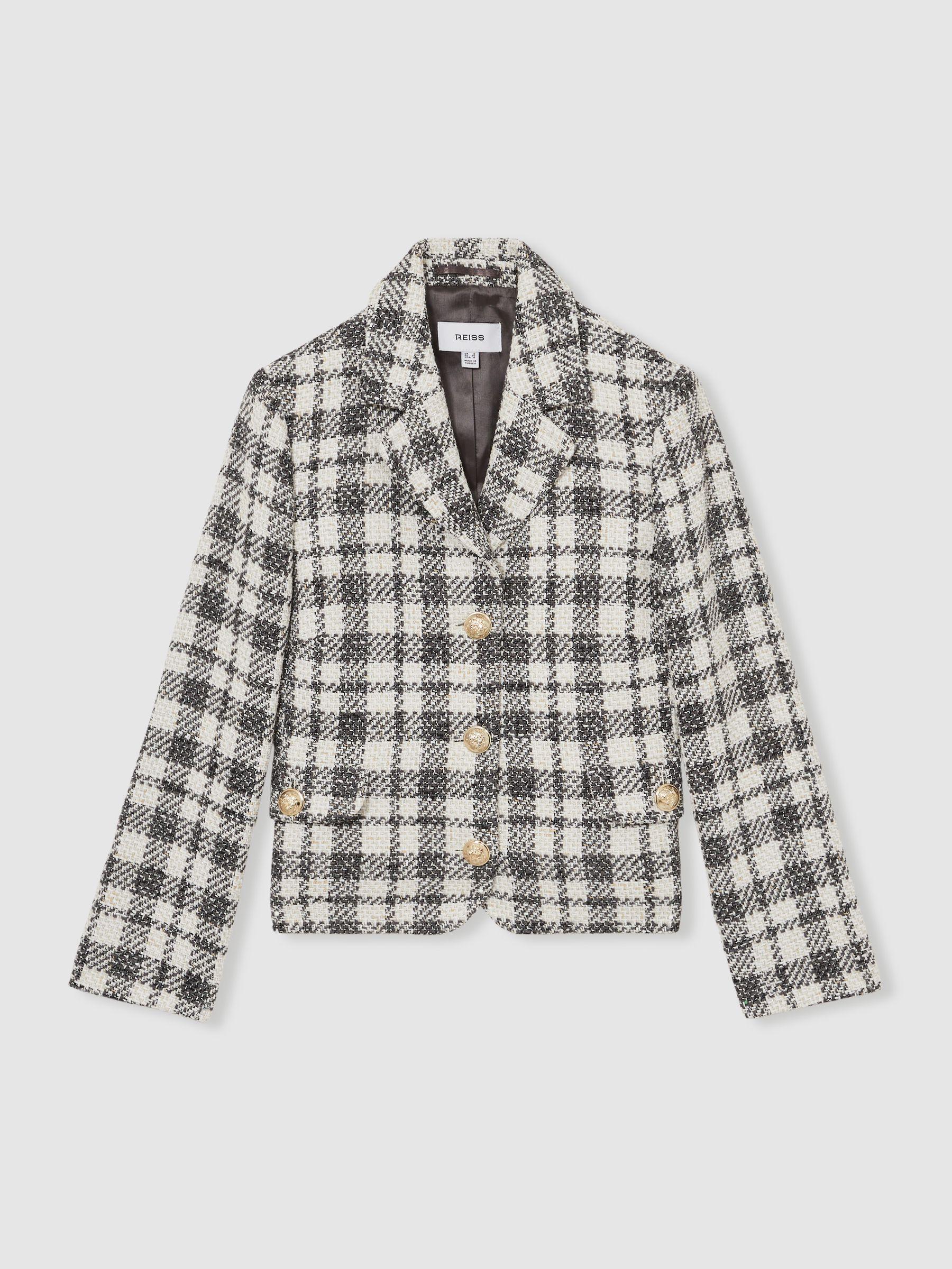 Cotton Blend Check Cropped Jacket in Grey Check Product Image