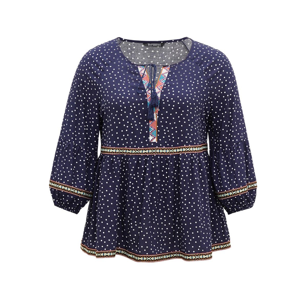Plus Size Indigo Polka Dot Bandana Trim Ties Blouse Women Resort Long Sleeve Tie Neck Vacation Blouses BloomChic 14-16/1X Product Image