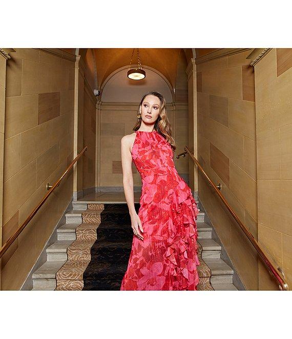 Betsy & Adam Floral Print Halter Neck Sleeveless Cascading Ruffle Tie Back Dress Product Image