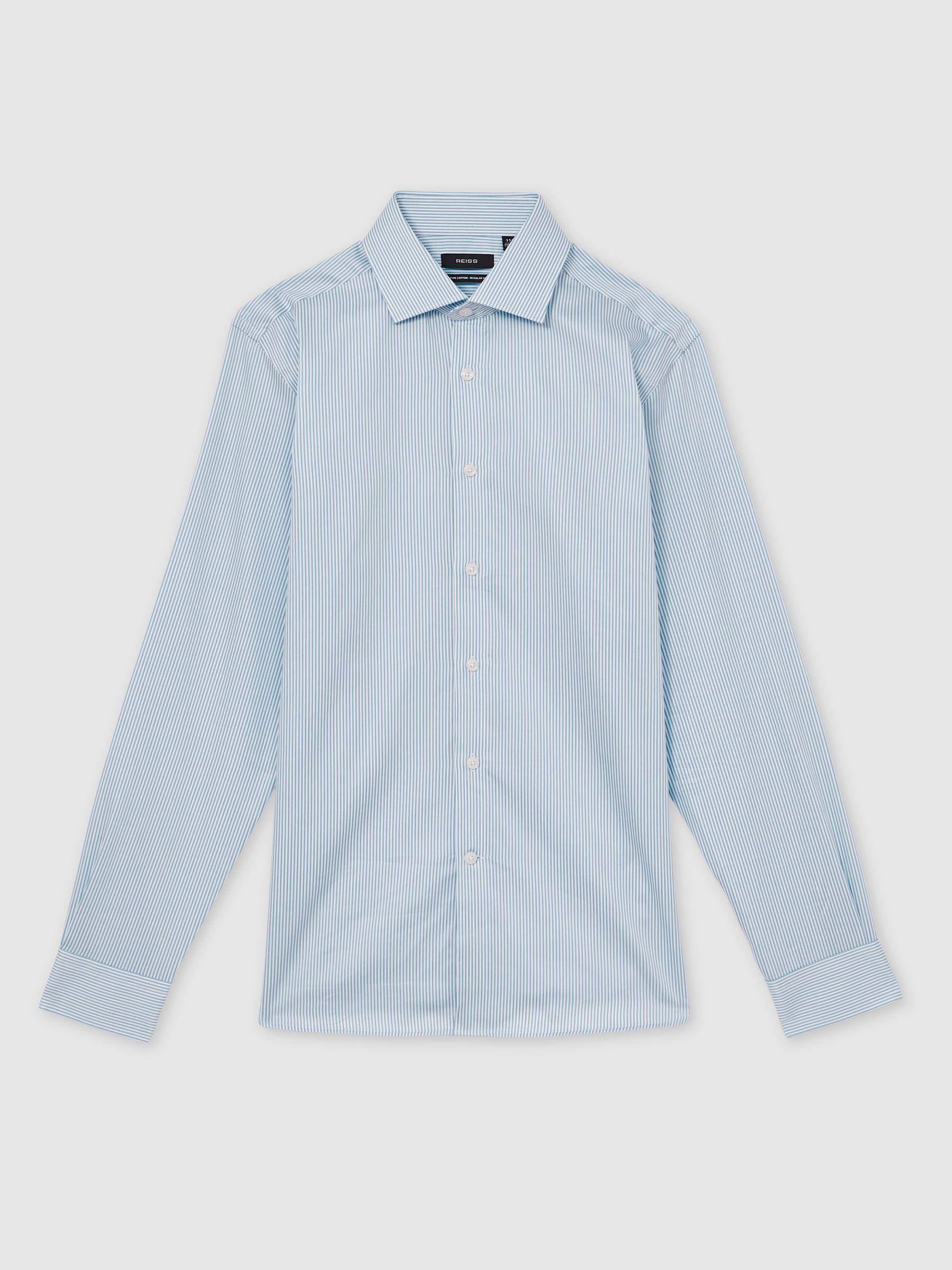 Regular Fit Cotton-Satin Cutaway-Collar Shirt in Blue Stripe Product Image