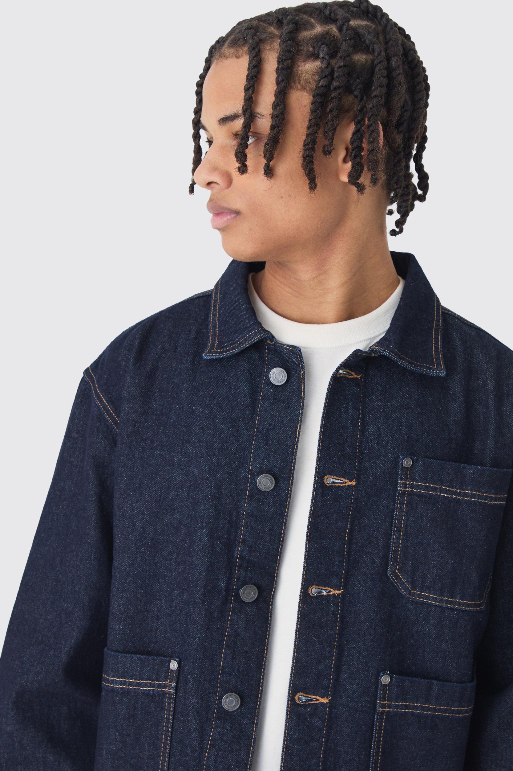 Boxy Fit Cuffed Jean Jacket In Indigo | boohooMAN USA Product Image