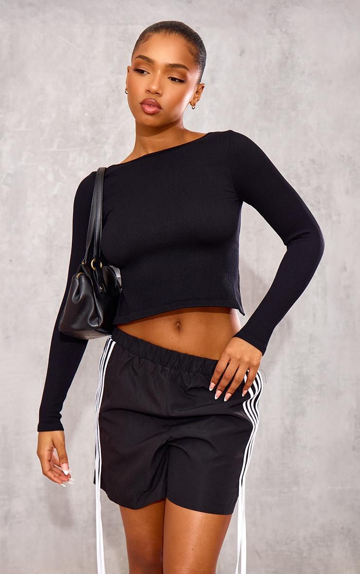 Black Snatched Rib Back Detail Long Sleeve Top Product Image