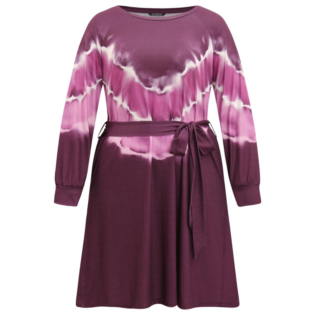 Plus Size Tie Dye Pocket Round Neck Belted Raglan Sleeve Dress Multicolor Women Casual Belted Round Neck Long Sleeve Curvy Knee Dress BloomChic 28/5X Product Image