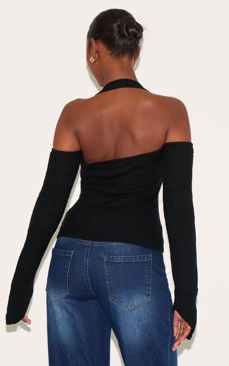 Black Bardot Halterneck Gold Trim Cross Stitch Knitted Top Product Image