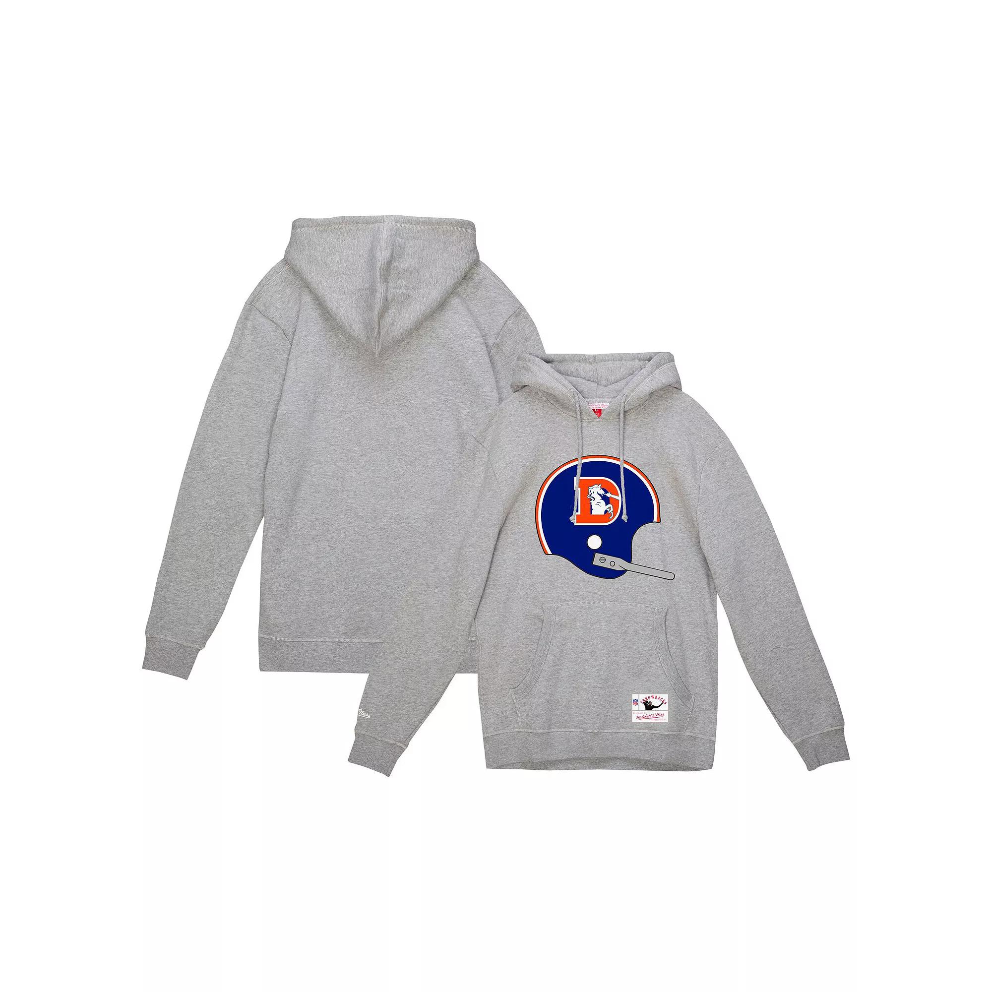 Mens Mitchell & Ness Heather Gray Denver Broncos Helmet Logo Vintage Pullover Hoodie Product Image