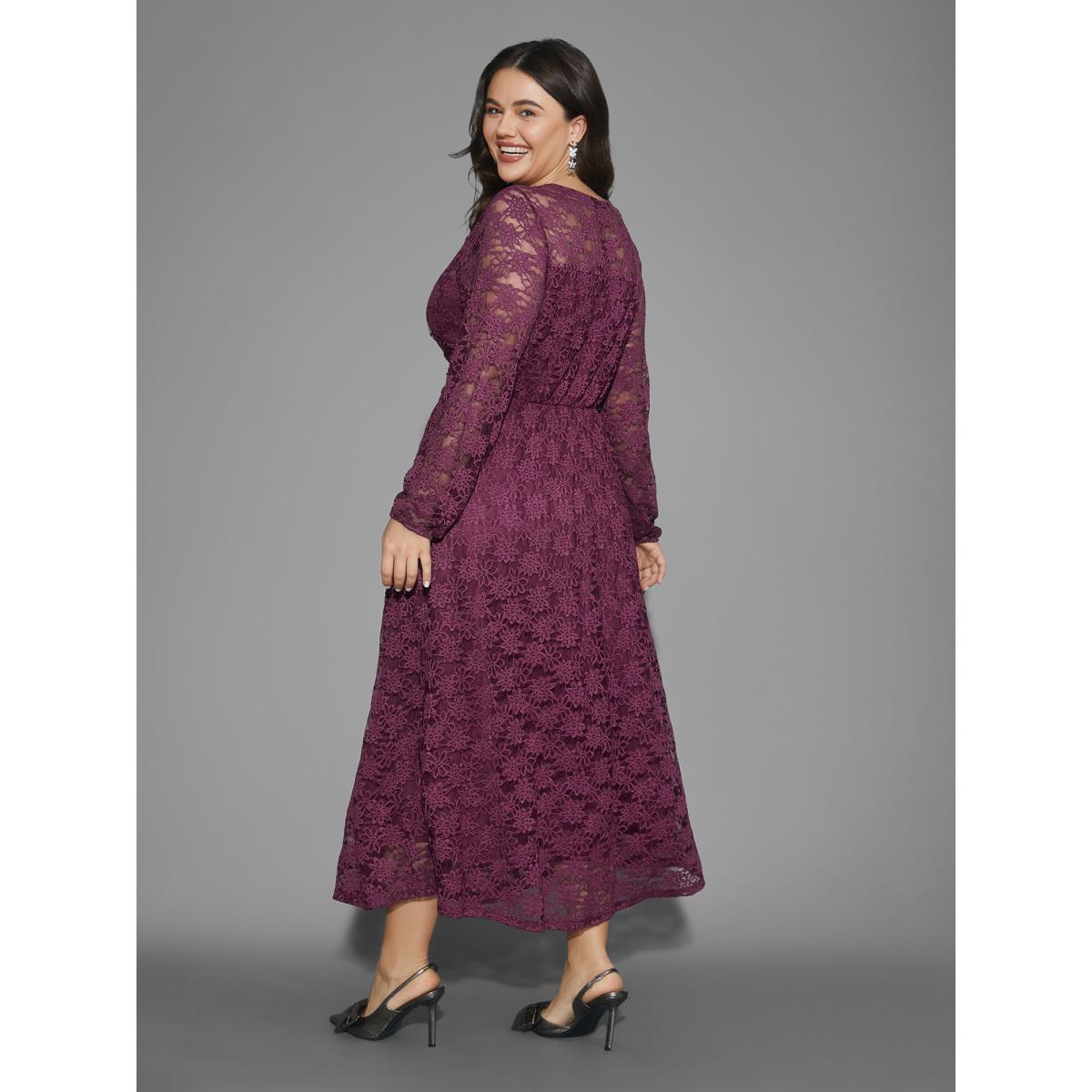 Plus Size Crochet Lace Mesh Pocket Knit Dress Deeppurplered Women Cocktail Woven ribbon&lace trim Knit Dresses Bloomchic 18-20/2X Product Image