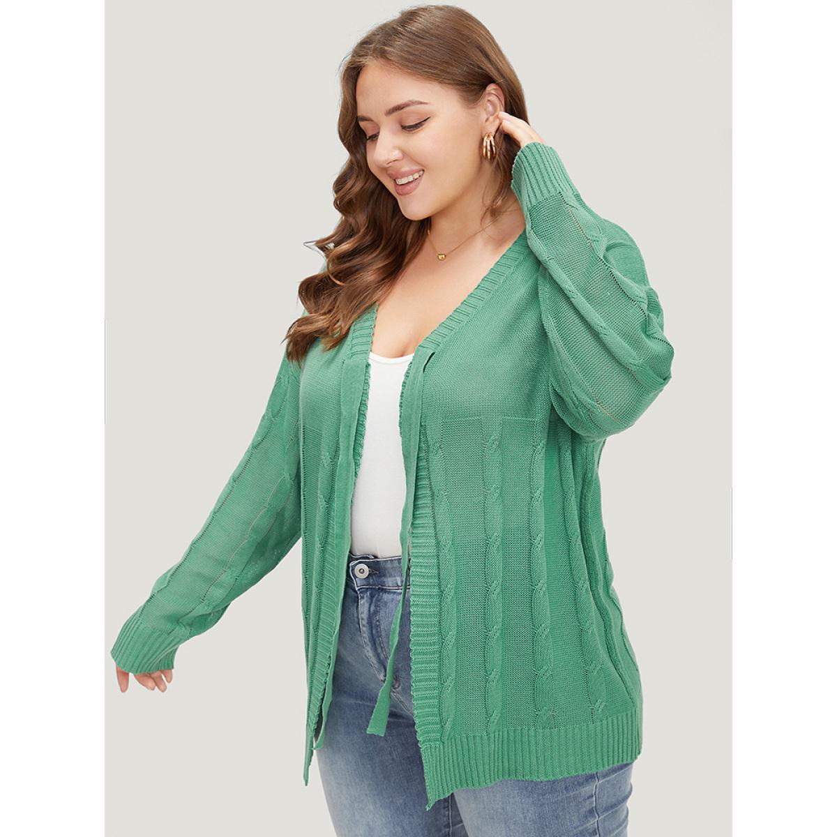 Plus Size Solid Ties Front Cable Knit Cardigan Green Women Casual Long Sleeve Dailywear Cardigans BloomChic 10/M Product Image