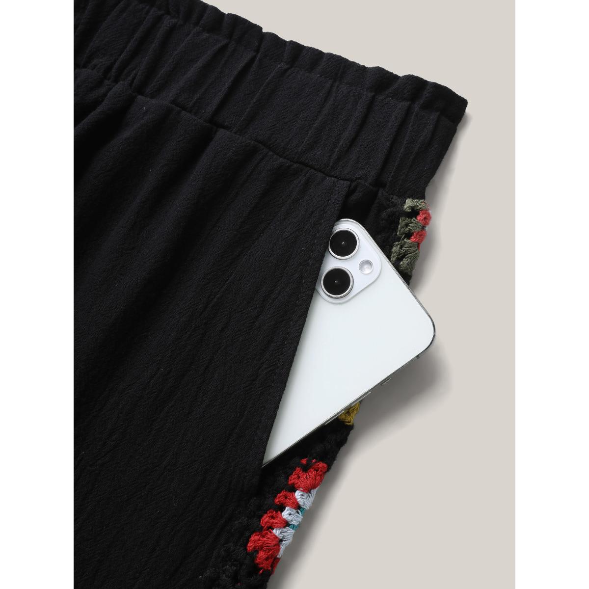 Plus Size Shirred Waist Wide-Leg Spliced Pants Women Black Boho Wide Leg Mid Rise Vacation Pants BloomChic 10/M Product Image