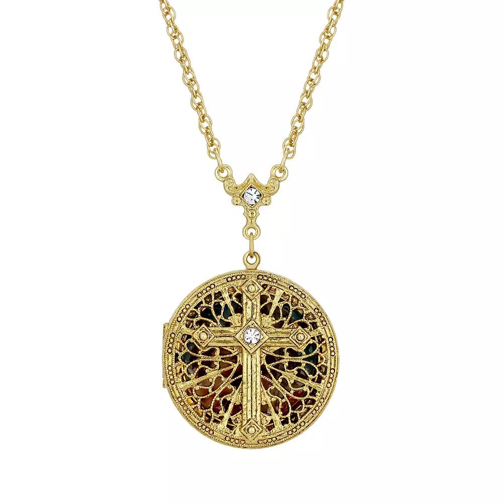 Symbols of Faith Crystal Cross Mary and Child Locket Necklace, Womens, Gold Tone Product Image