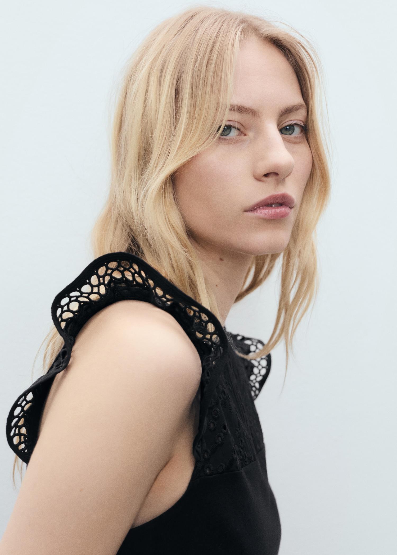 Cotton top with openwork neckline - Women | MANGO USA Product Image