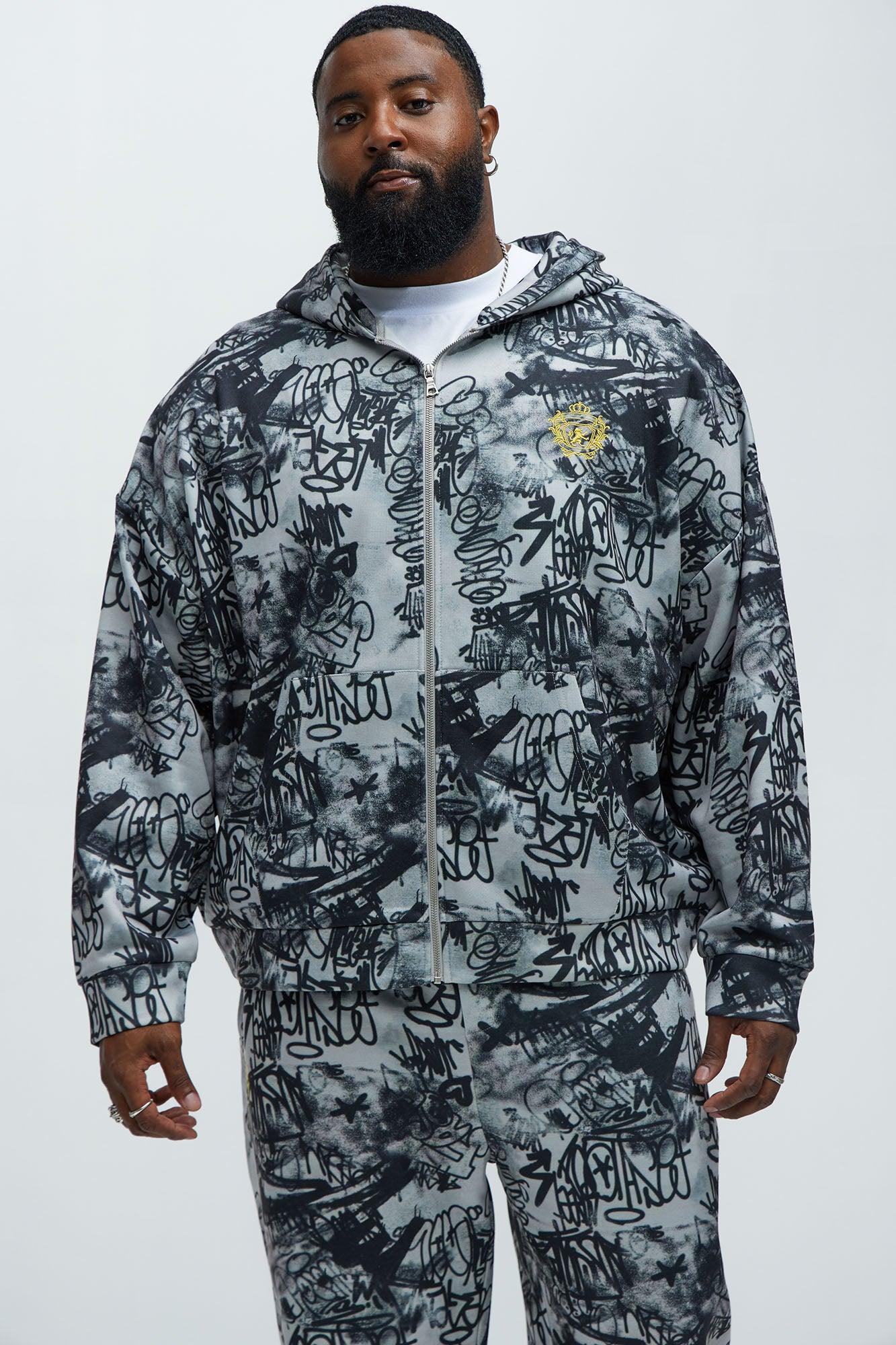 Vandal Oversized Graffiti Zip Up Hoodie - Grey Product Image