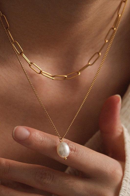 Chain & Pearl Drop Necklace Set Product Image