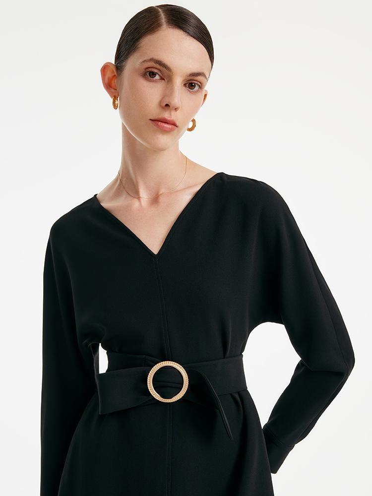 Acetate V-neck Long-sleeved Midi Dress With Belt Product Image