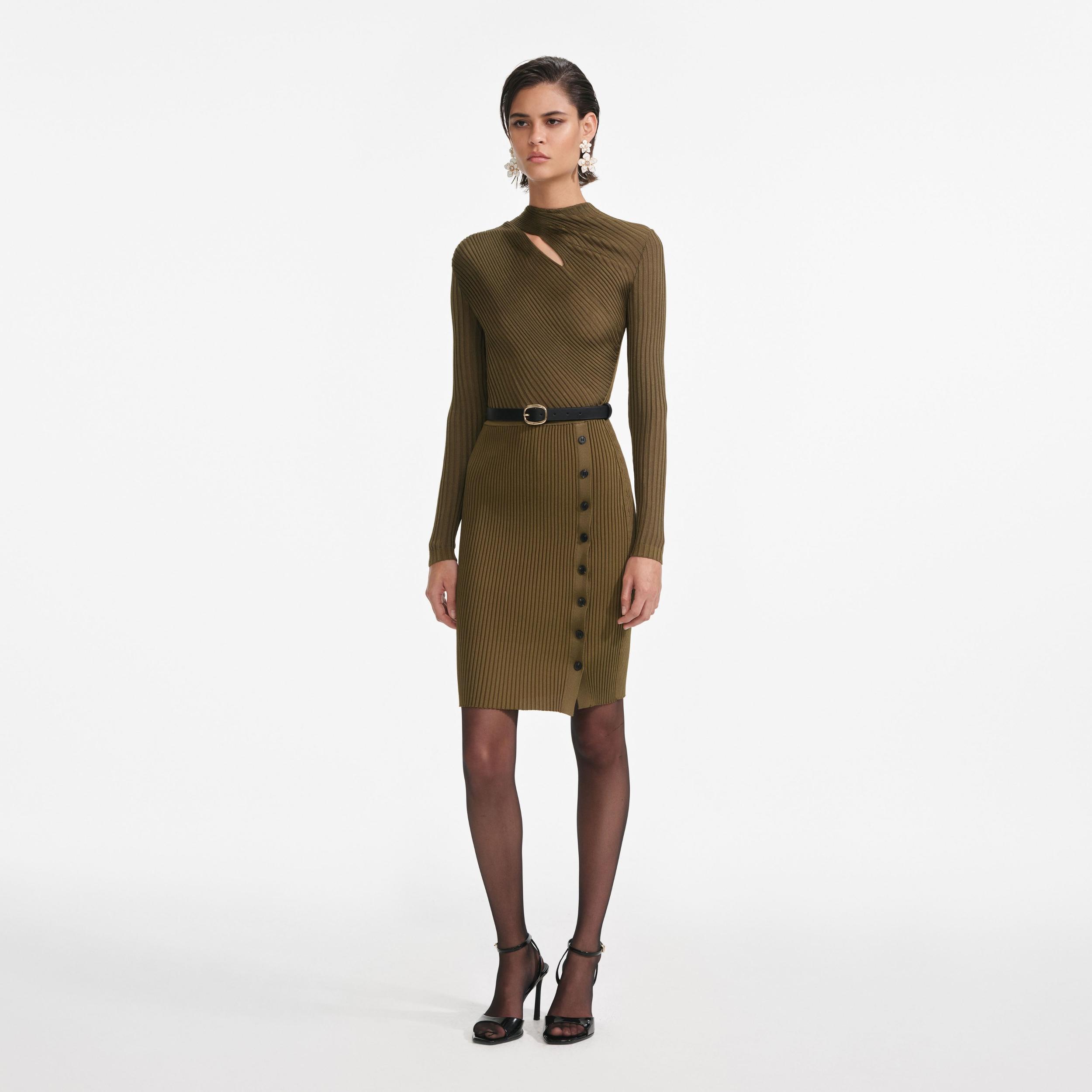 Khaki Cut Out Rib Knit Mini Dress Product Image
