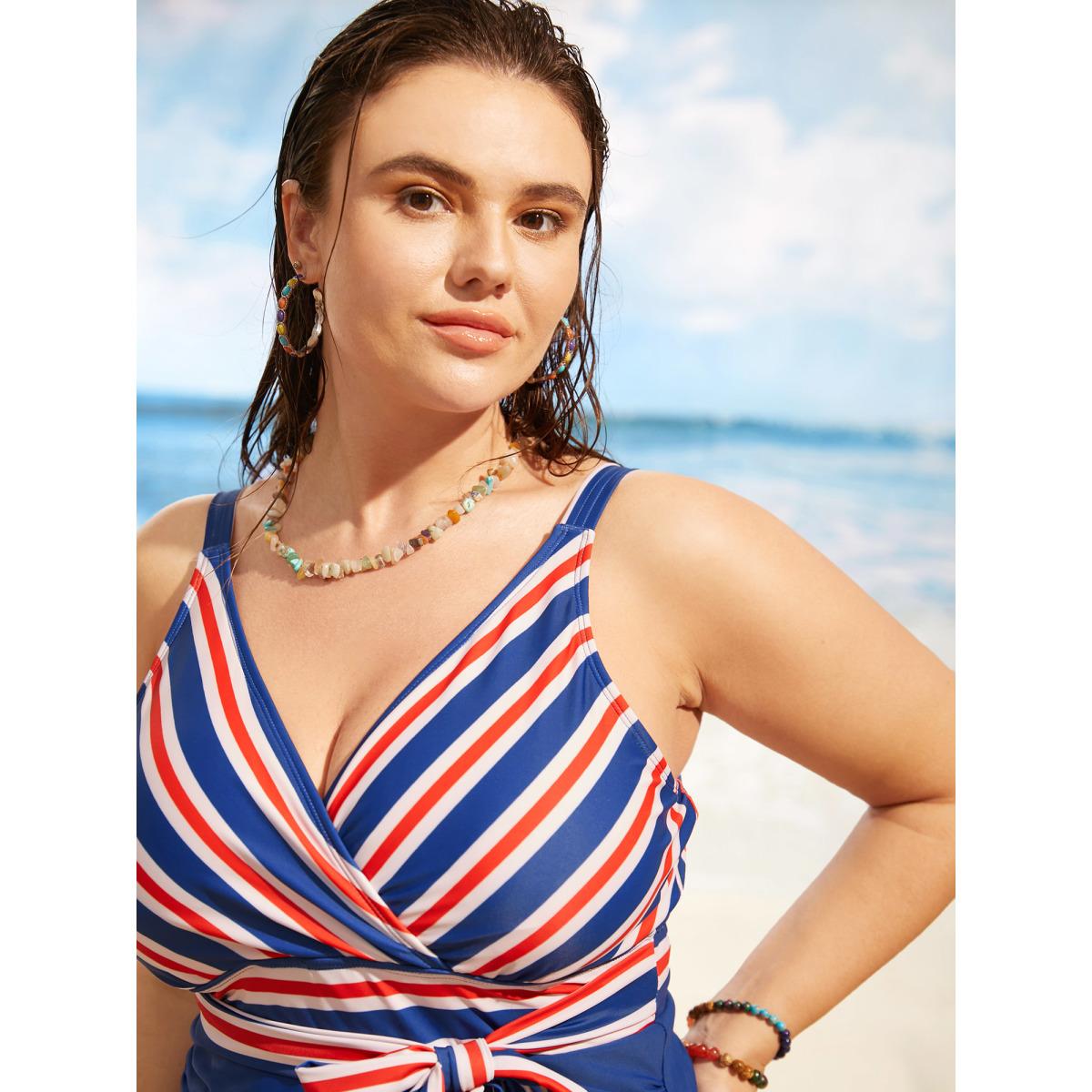 Plus Size Overlap Collar Contrast Striped Tie knot One Piece Swimsuit Women's Swimwear Navy Beach Tie knot Curve Bathing Suits High stretch One Pieces BloomChic 10/M Product Image