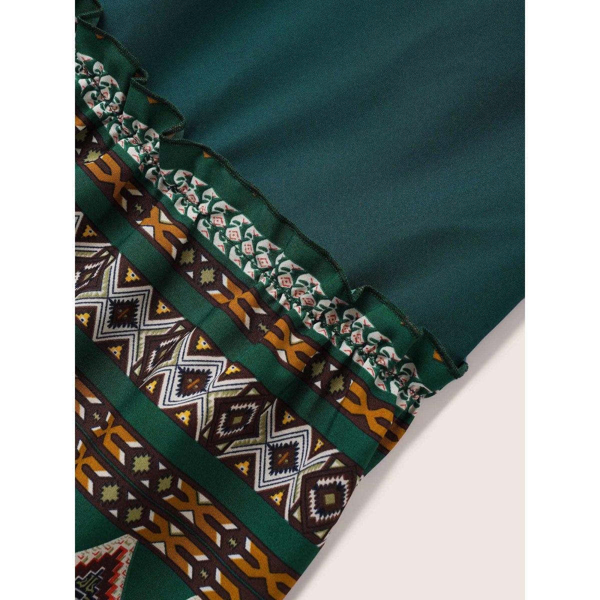 Plus Size Bandana Patchwork Knot Neck Tassel Trim Dress Green Women Resort Non V-neck Elbow-length sleeve Curvy Midi Dress BloomChic 22-24/3X Product Image