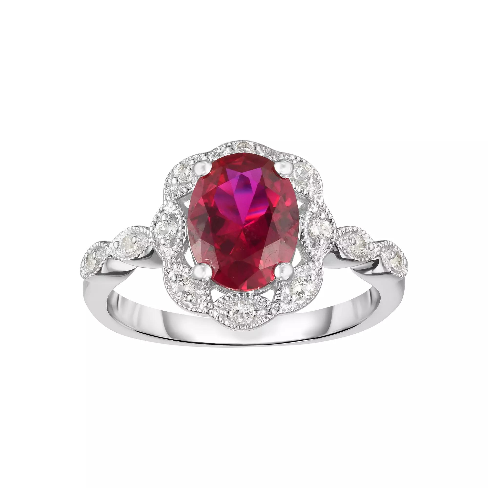 Sterling Silver Lab-Created Gemstone & White Topaz Frame Ring, Women's, Size: 7, Created Red Product Image