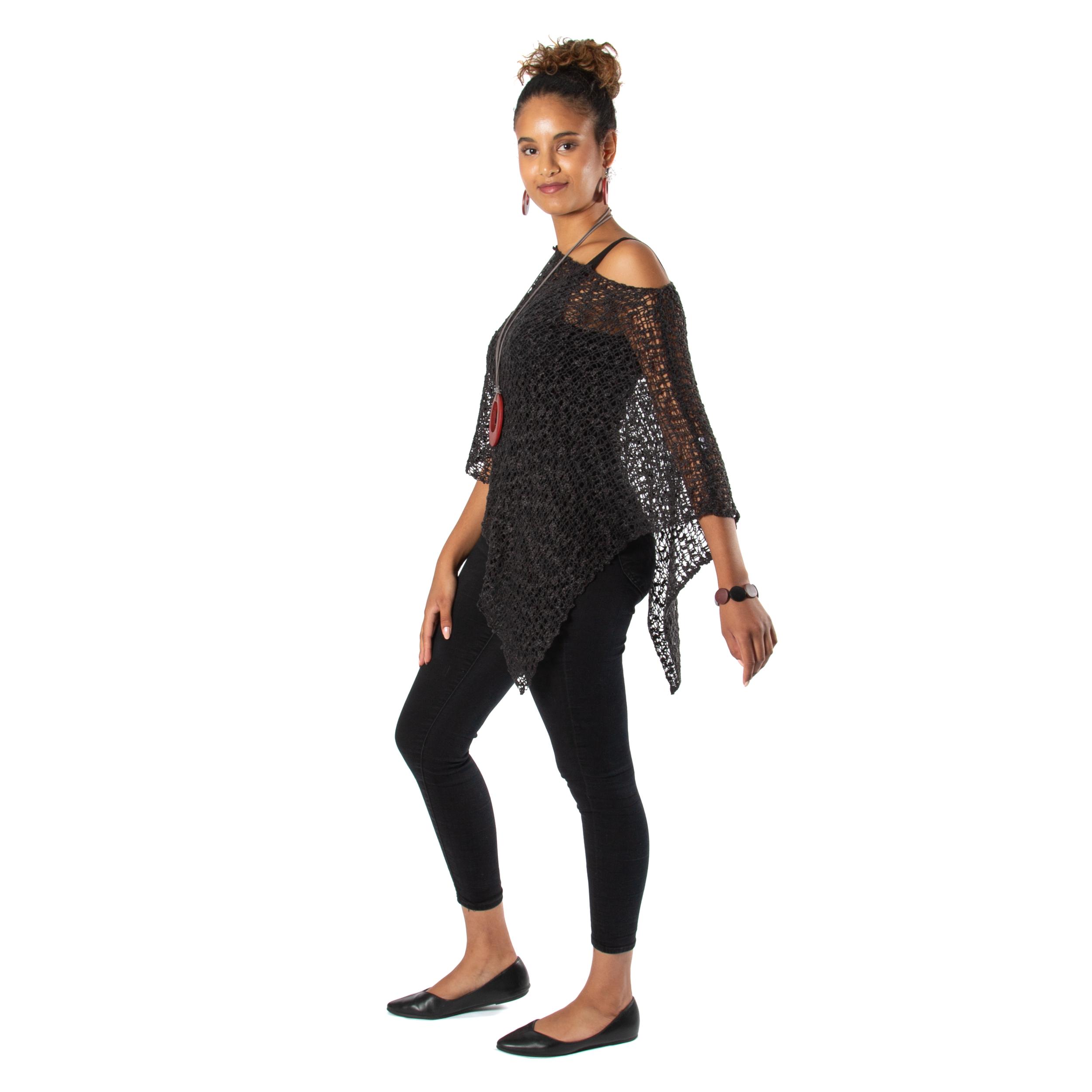 Short Popcorn Knit Poncho - Black Product Image