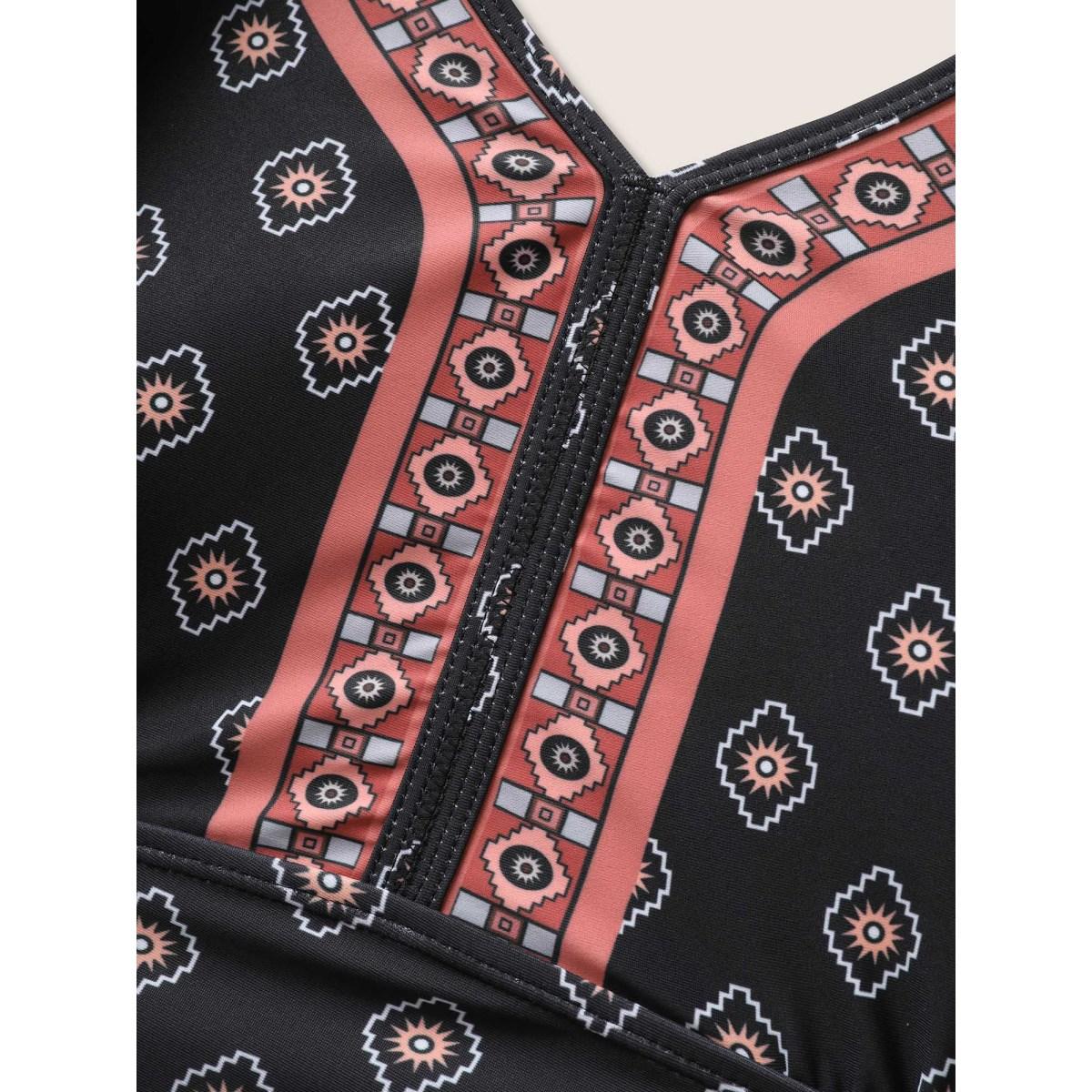 Plus Size V Neck Bandana Print Drawstring Swim Top Women's Swimwear Black Beach Tie knot High stretch Skinny V-neck Curve Swim Tops BloomChic 18-20/2X Product Image