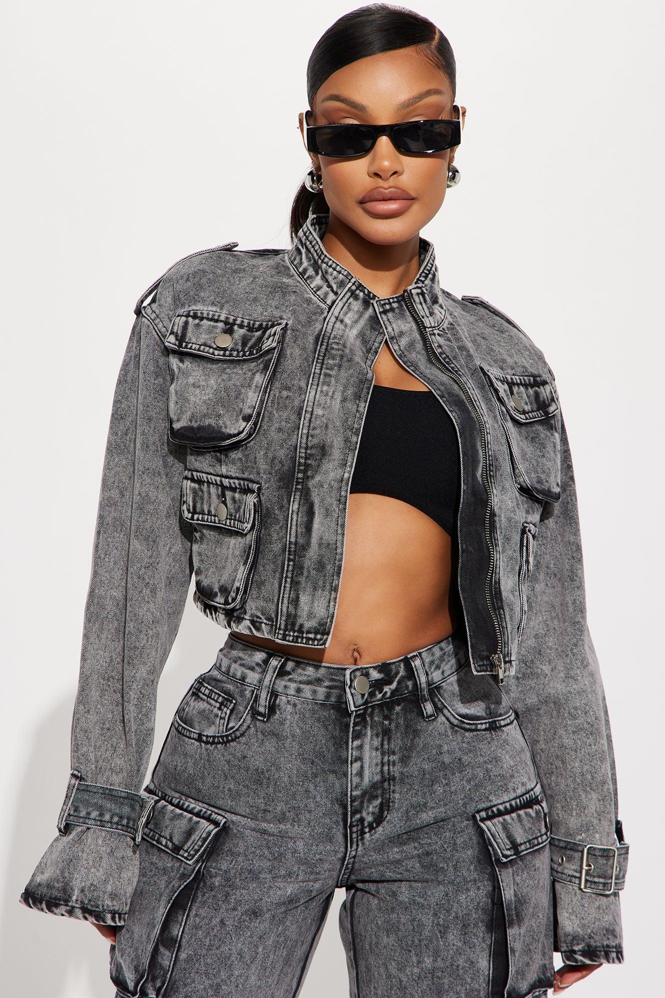 Billie Cropped Cargo Jacket - Acid Wash Black Product Image