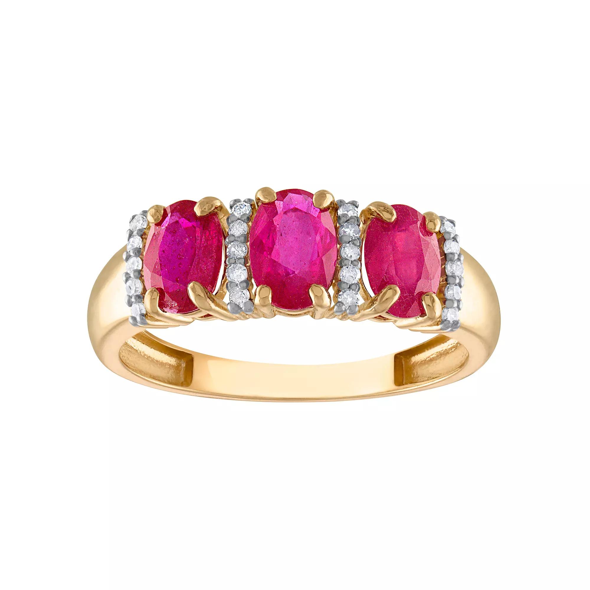 Tiara 10k Gold Gemstone & 1/10 Carat T.W. Diamond 3-Stone Ring, Women's, Size: 9, Red Product Image
