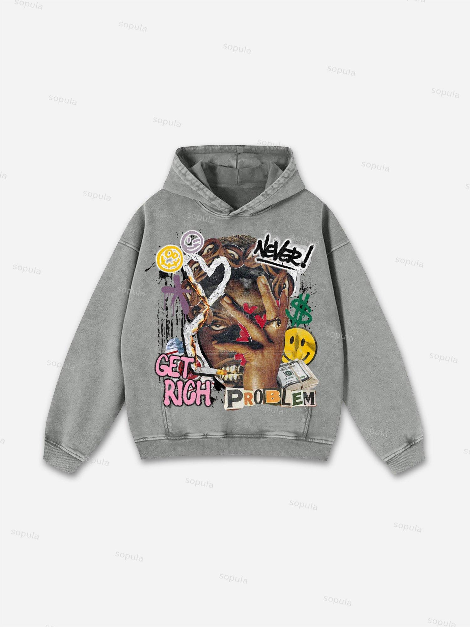 Get Rich Vintage Abstract Graphic Acid Wash Hoodie Product Image