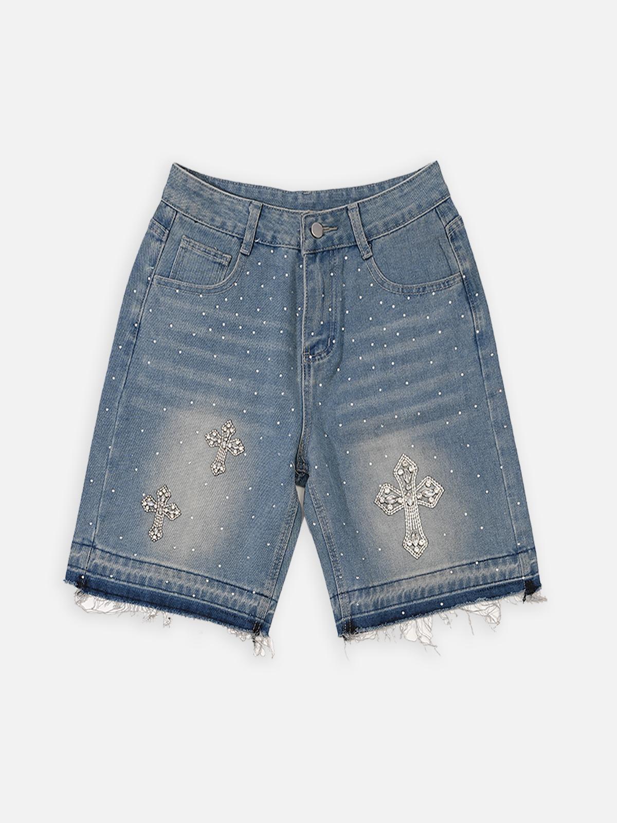 Hiphop Cross Hot Diamond Jorts Denim Shorts Product Image