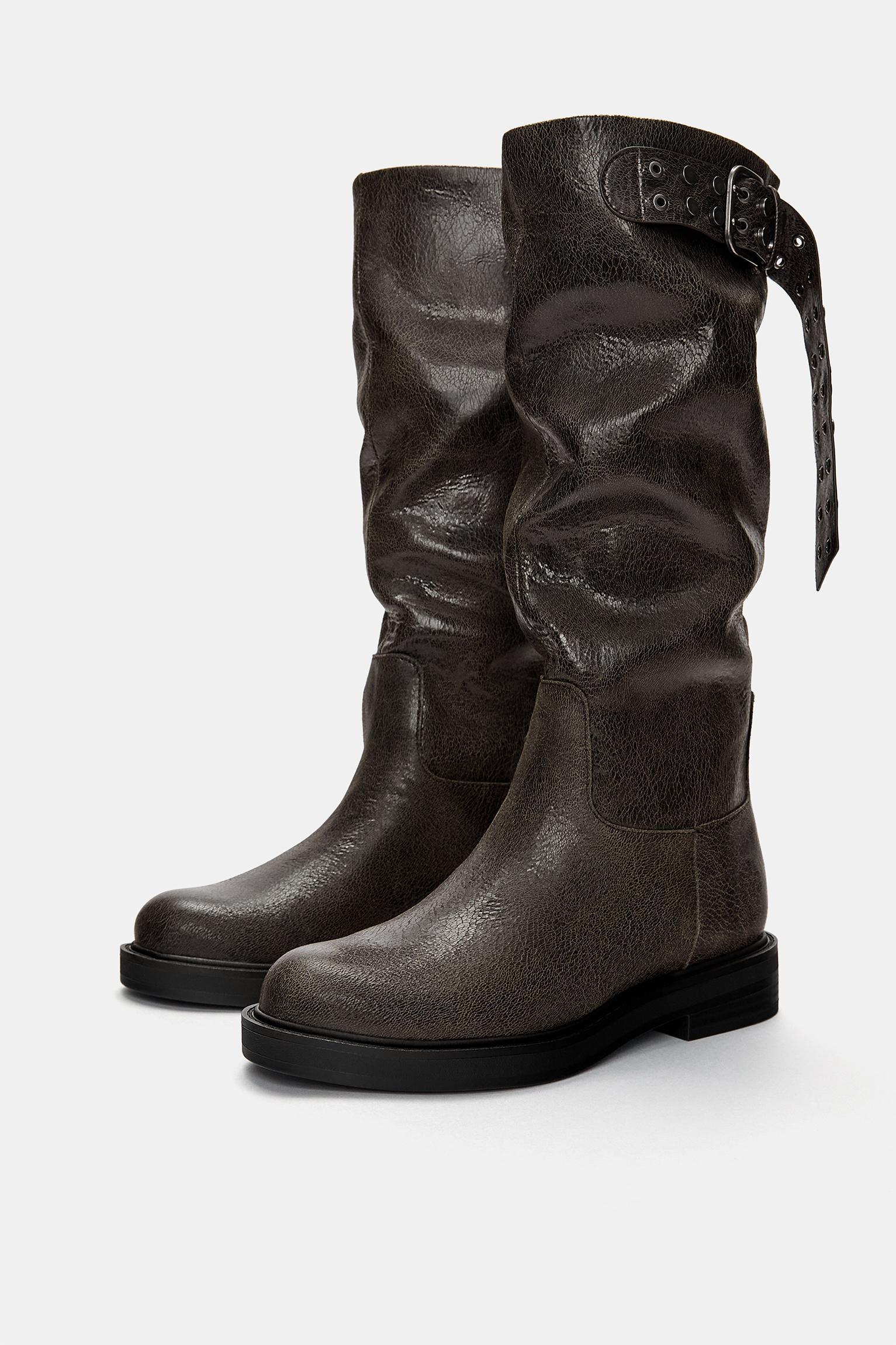 Flat knee-high boots with buckle Product Image