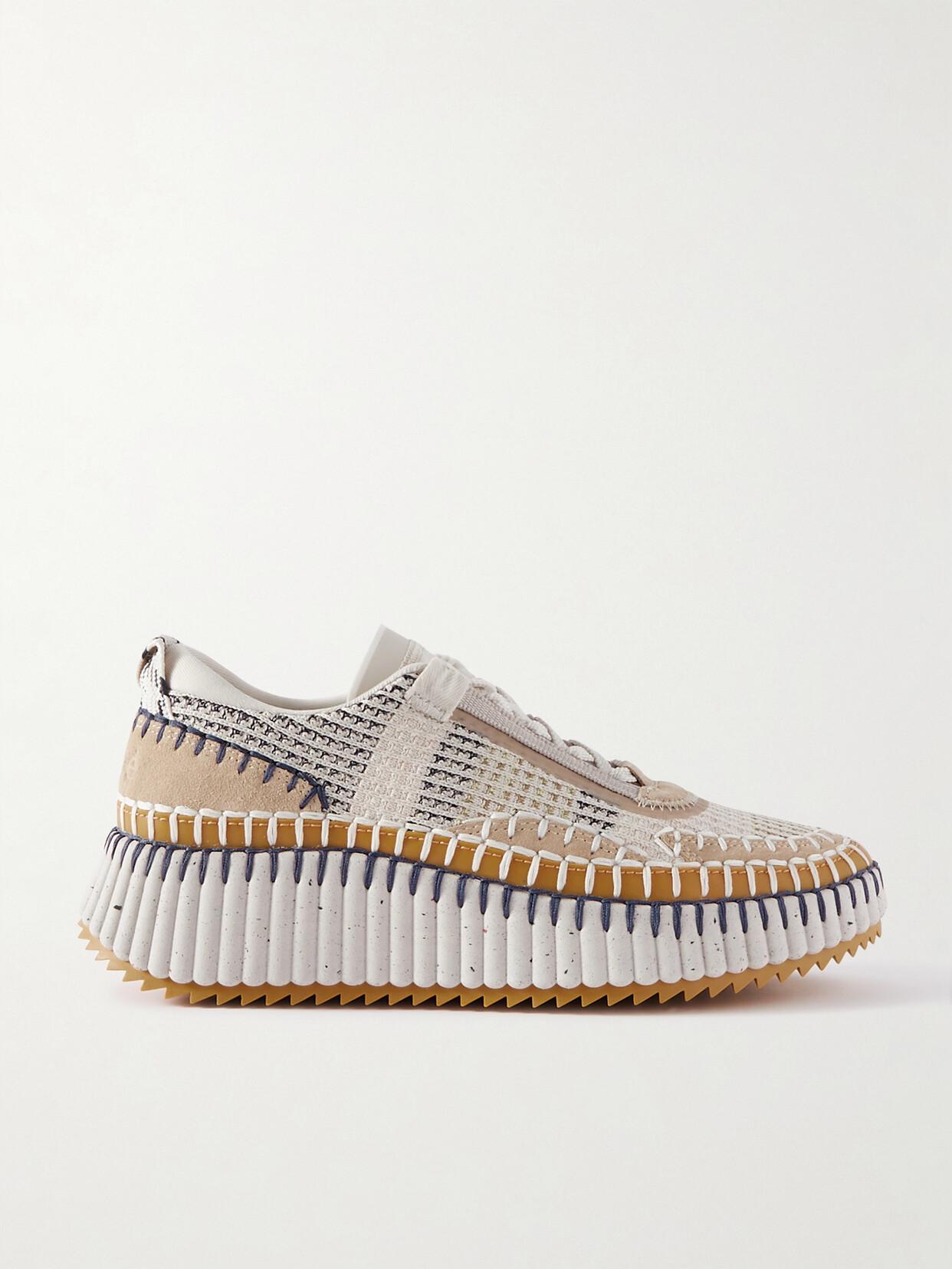CHLOÉ Nama Embroidered Suede And Recycled-mesh Sneakers In Biscotti Beige Product Image