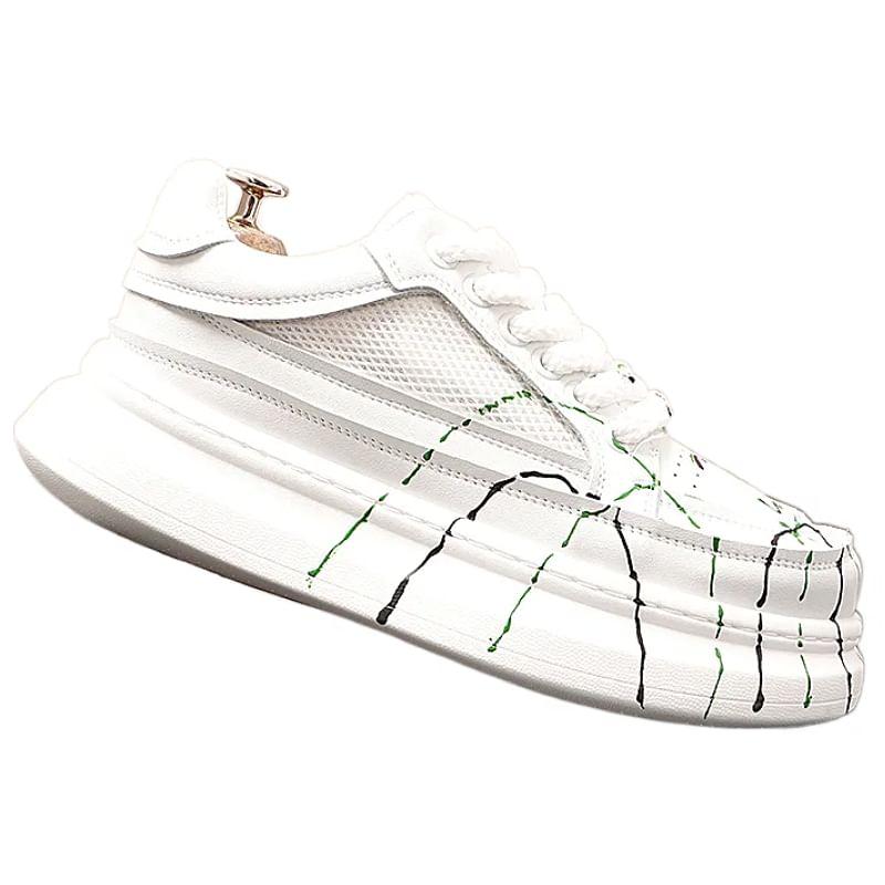 Hidden Wedge Mesh Panel Lace-Up Faux Leather Sneakers Product Image