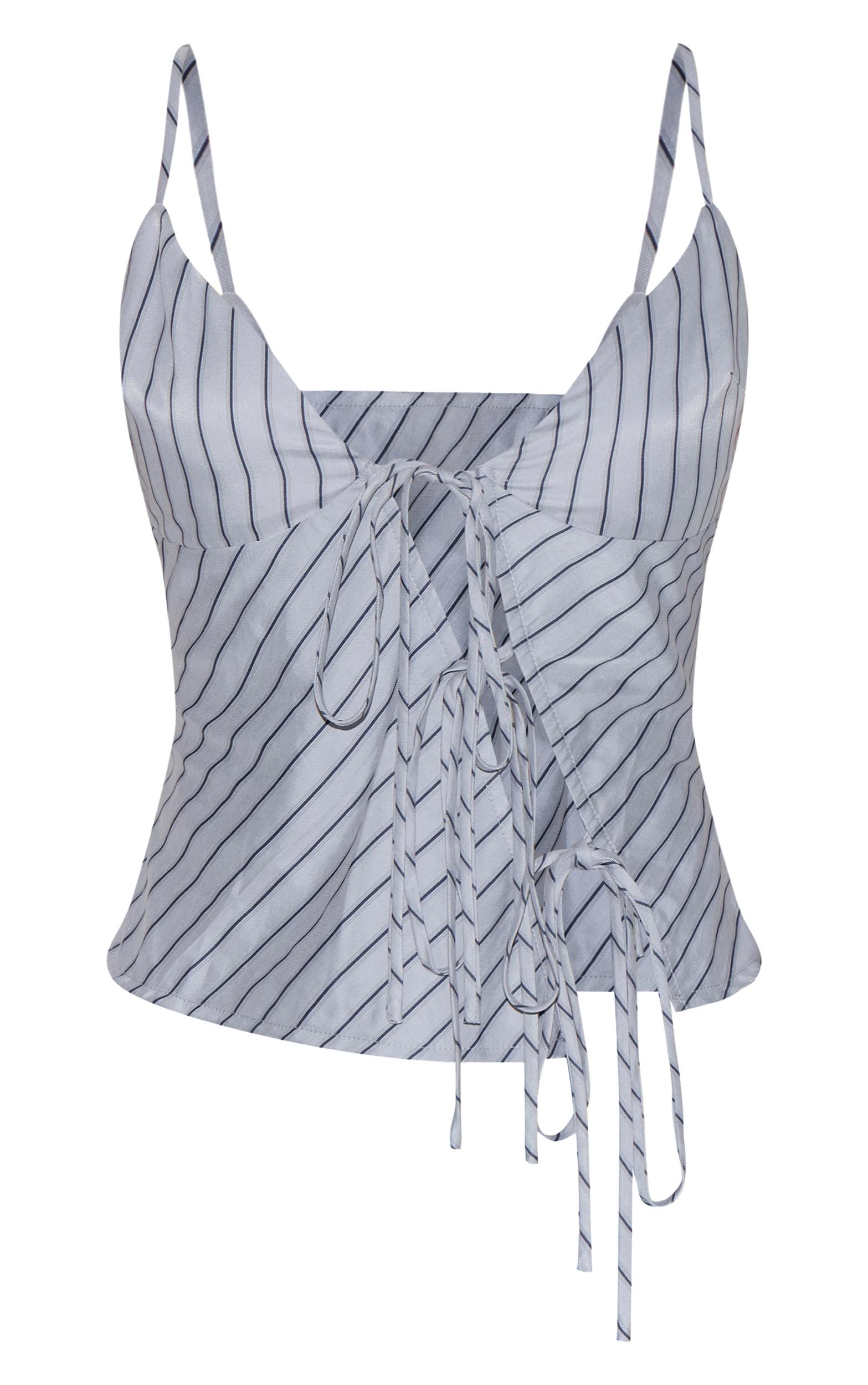 Petite Blue Pinstripe Tie Front Top Product Image