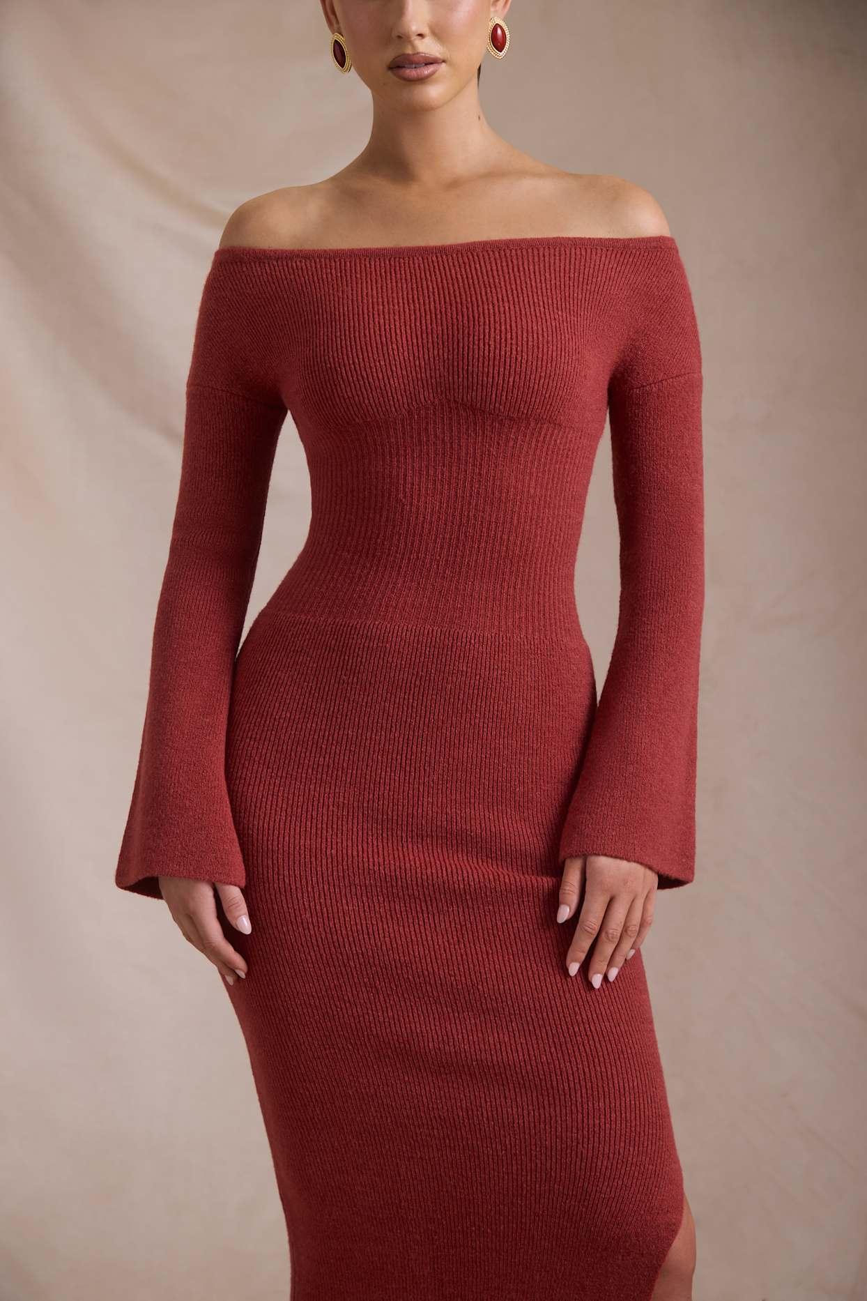 Ribbed-Knit Off-Shoulder Maxi Dress in Brick Red Product Image