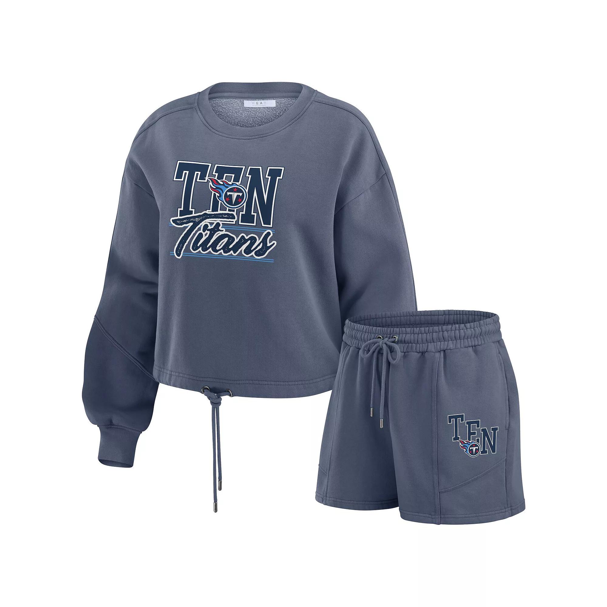 Women's WEAR by Erin Andrews Navy Tennessee Titans Washed Fleece Long Sleeve T-Shirt & Shorts Lounge Set,  Product Image