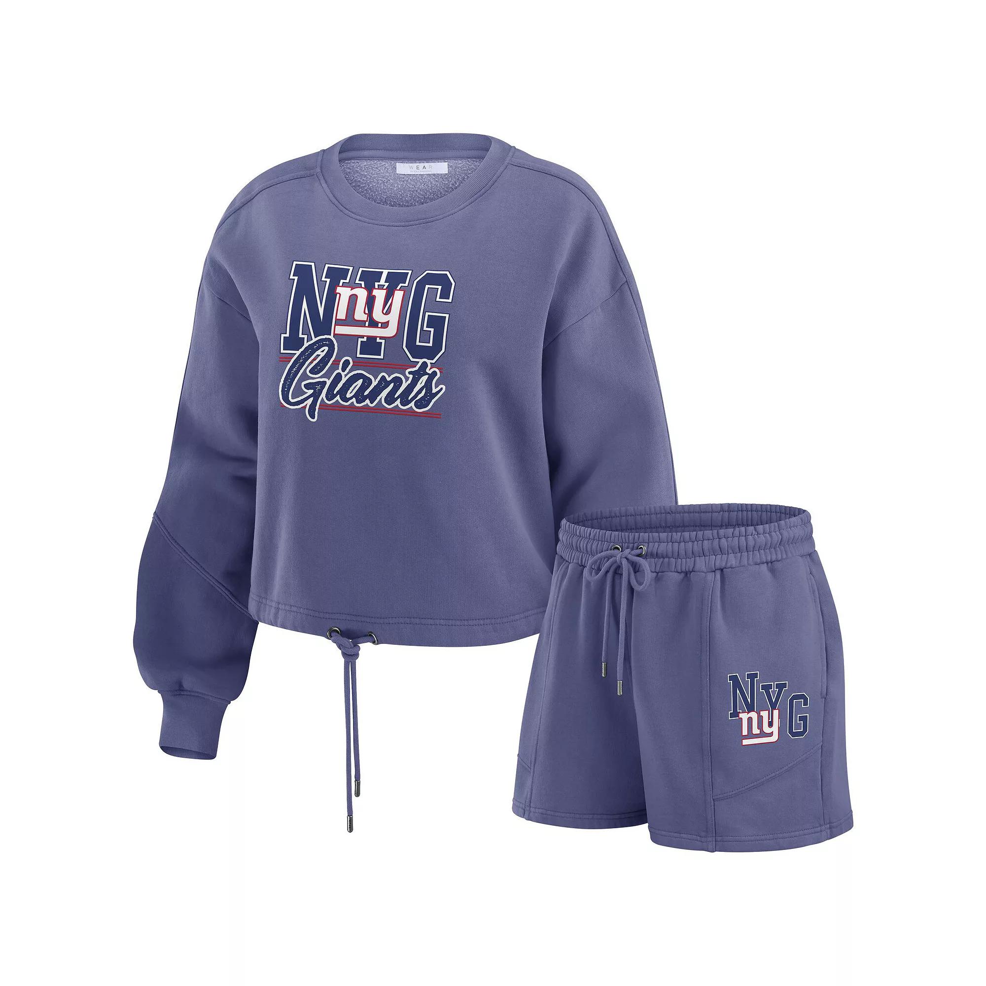 Women's WEAR by Erin Andrews Navy Chicago Bears Washed Fleece Long Sleeve T-Shirt & Shorts Lounge Set, Size: XL, Blue Product Image
