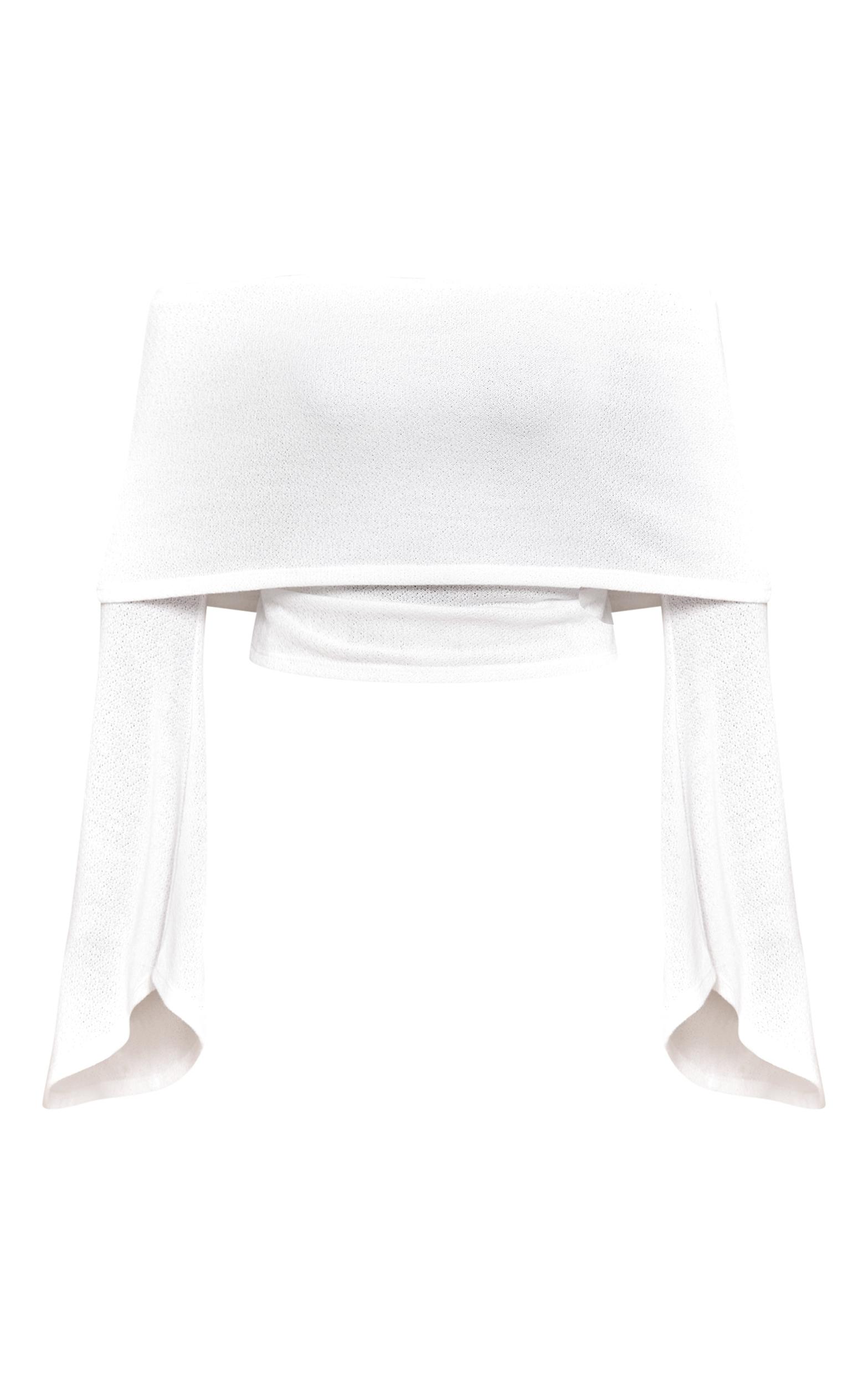 White Textured Fold Over Bardot Extreme Flute Sleeve Long Top Product Image