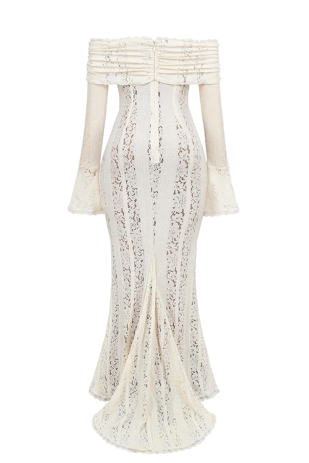 Belle  vintage cream floral lace off shoulder maxi dress Product Image